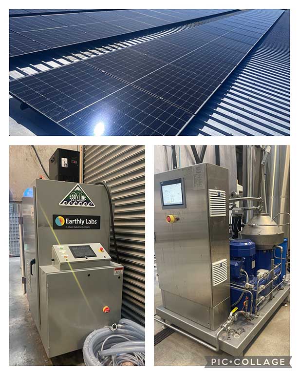 Image of solar panels, CiCi carbon capture, and alfa laval Brew 80+ centrifuge